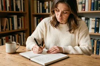 Femme écrivant dans un cahier à son bureau en bois, mémorisant des conjugaisons du verbe s'amenuiser