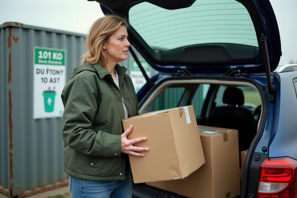 Femme déposant des cartons à la déchetterie municipale depuis le coffre de sa voiture