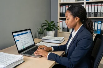 Femme d'origine maghrébine remplissant un dossier de naturalisation en ligne sur un ordinateur dans un bureau administratif
