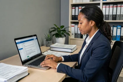 Femme d'origine maghrébine remplissant un dossier de naturalisation en ligne sur un ordinateur dans un bureau administratif