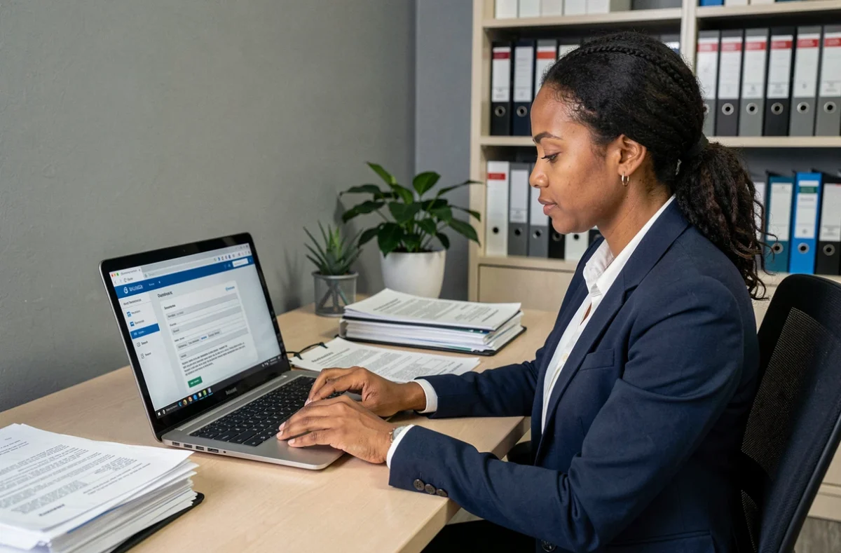 Femme d'origine maghrébine remplissant un dossier de naturalisation en ligne sur un ordinateur dans un bureau administratif