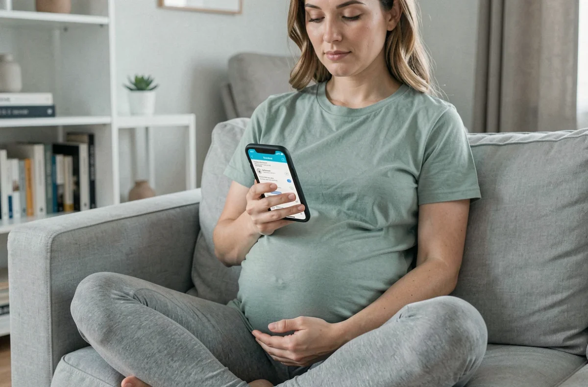 Femme enceinte consultant une application de suivi de grossesse sur smartphone