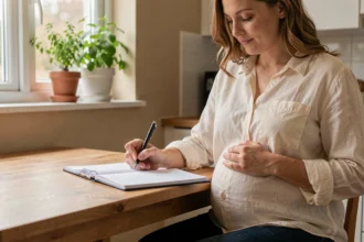 Femme enceinte calculant les semaines de grossesse dans un carnet à la cuisine