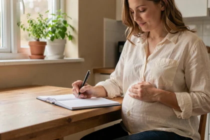 Femme enceinte calculant les semaines de grossesse dans un carnet à la cuisine