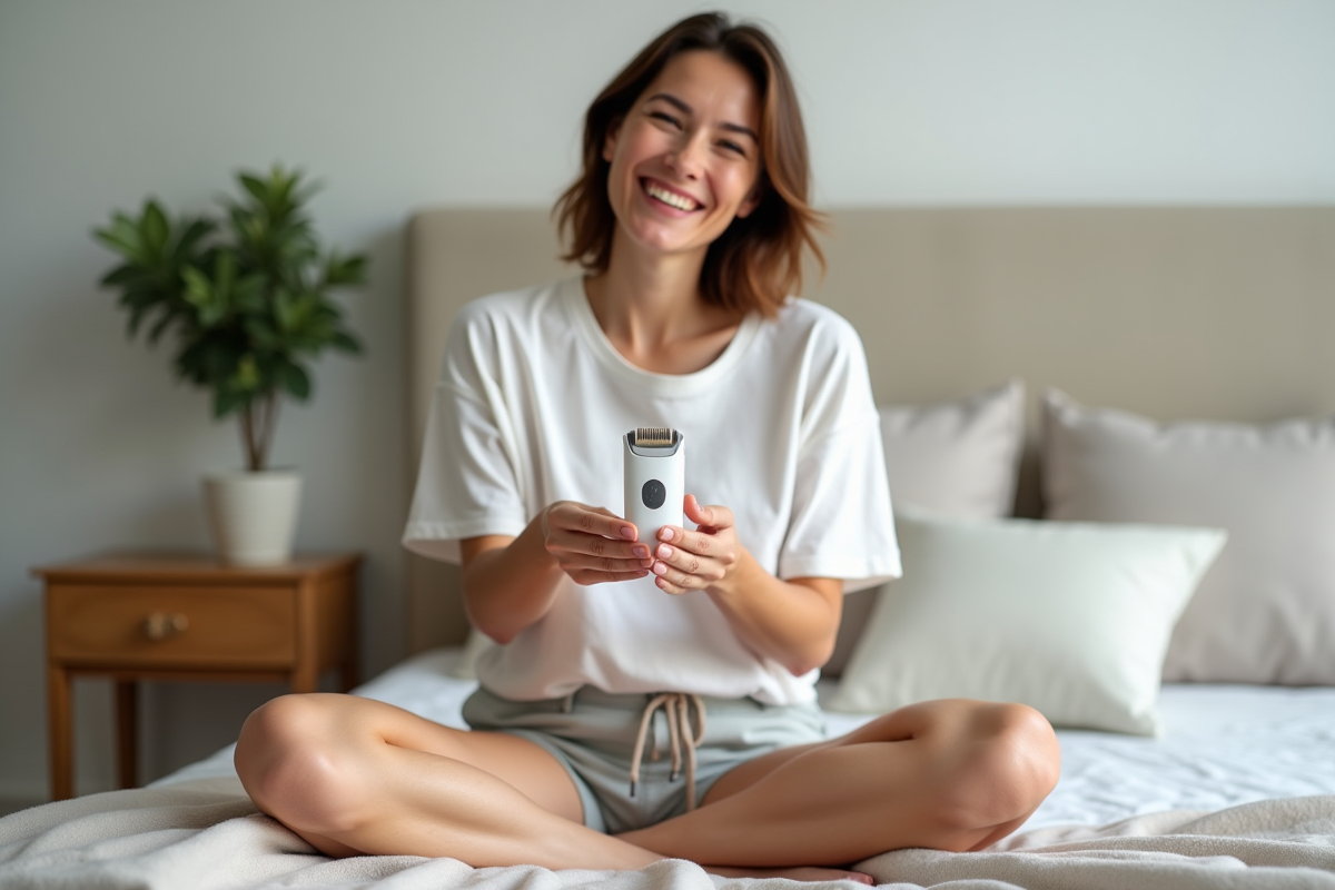 Femme souriante assise sur le lit avec un epilateur à la main dans une chambre chaleureuse
