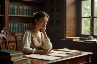 Femme en tenue 19e siècle dans une bibliothèque ancienne