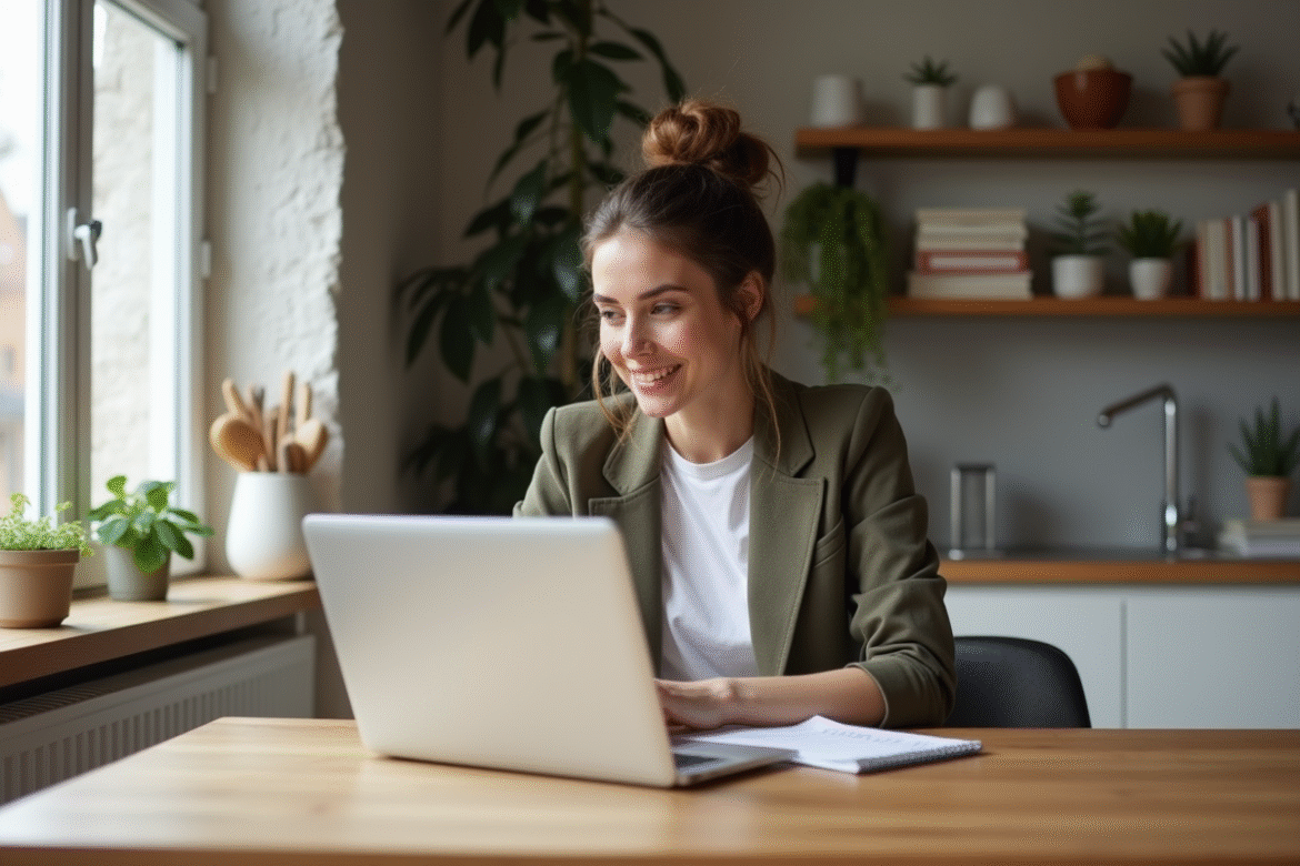Femme millennial en tenue décontractée consulte ses finances