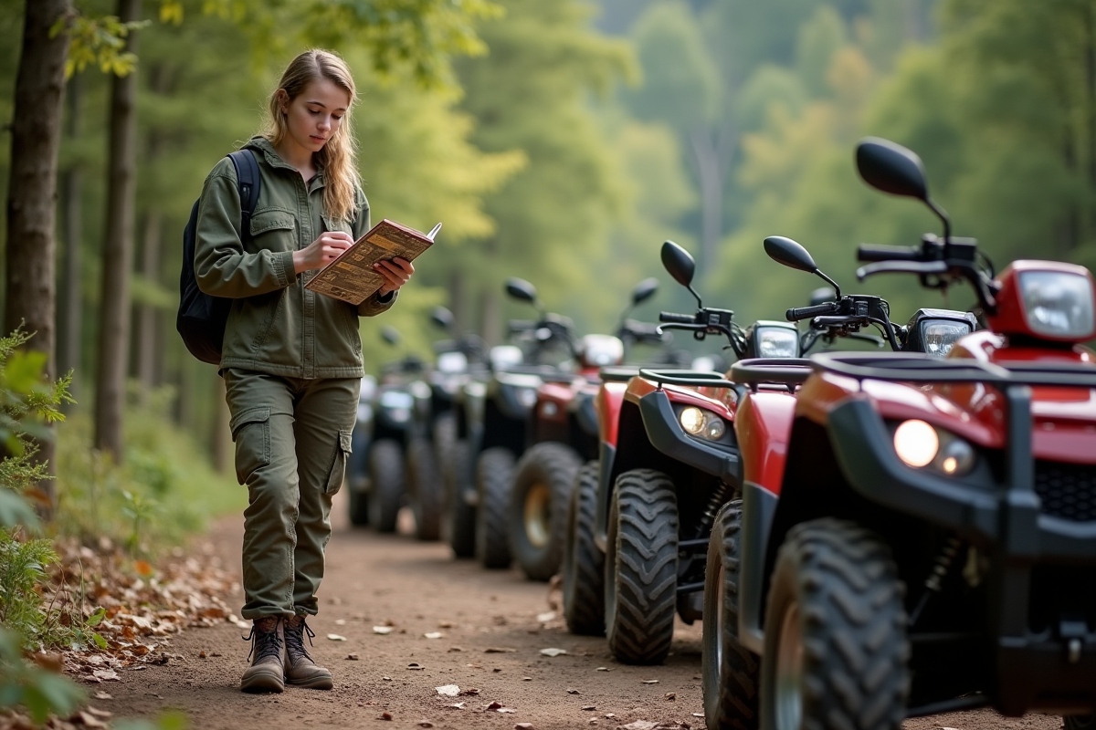 Jeune femme consultant un guide près de quads en forêt