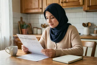 Femme consultant un horaire de prière imprimé dans une cuisine de banlieue parisienne, organisée entre famille et travail