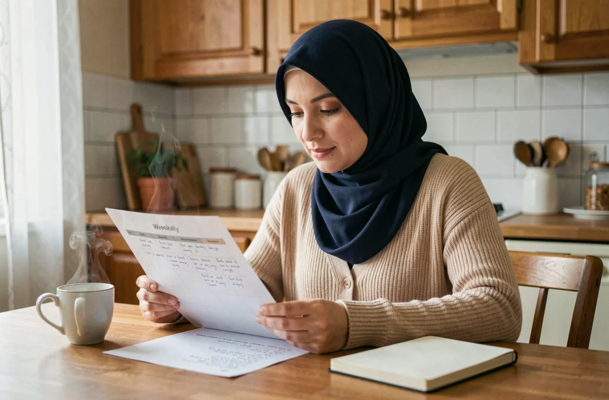 Femme consultant un horaire de prière imprimé dans une cuisine de banlieue parisienne, organisée entre famille et travail