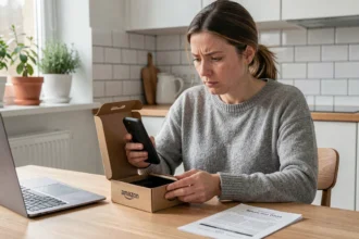 Femme inspectant un smartphone reconditionné Amazon sorti de sa boîte, expression dubitative, documents de garantie posés sur la table