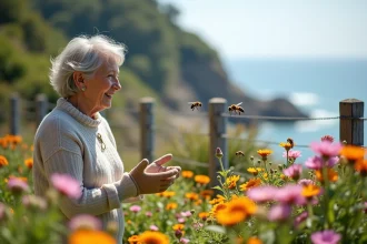 Femme au jardin observant des frelons près de fleurs colorées