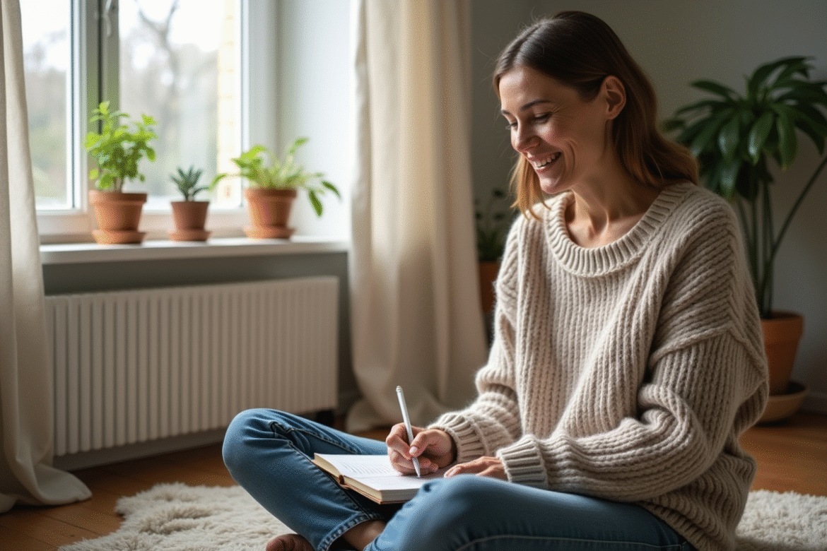 Femme d'âge moyen journalisant dans un salon lumineux