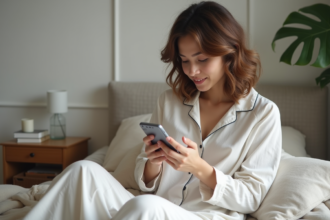 Femme en pyjama vérifiant son application de sommeil