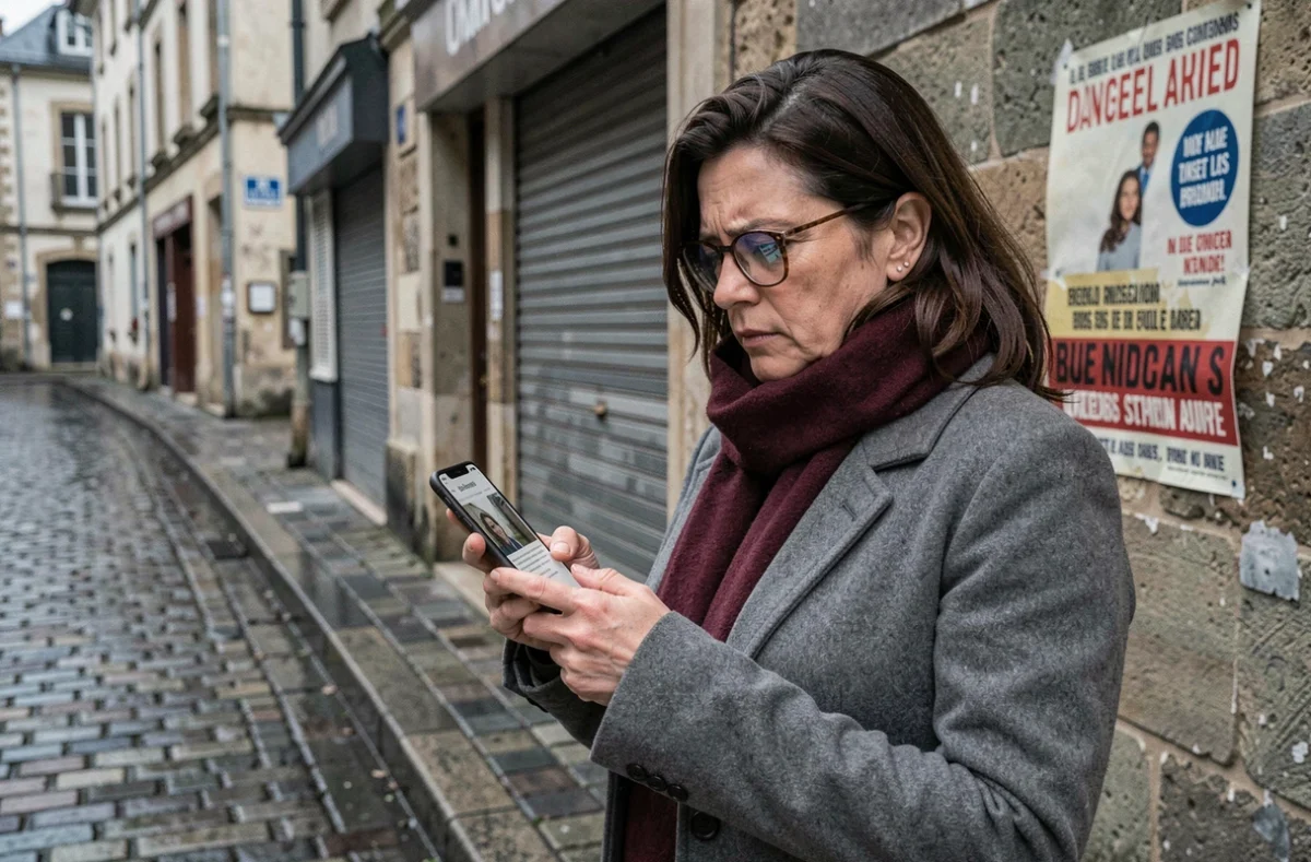 Une femme lisant un article de blog engagé sur son téléphone dans une rue pavée d'une ville de province française sous un ciel gris