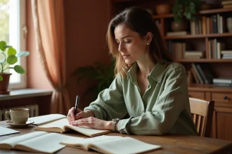 Femme lisant un recueil de poésie aux éditions ACALA dans un appartement parisien chaleureux