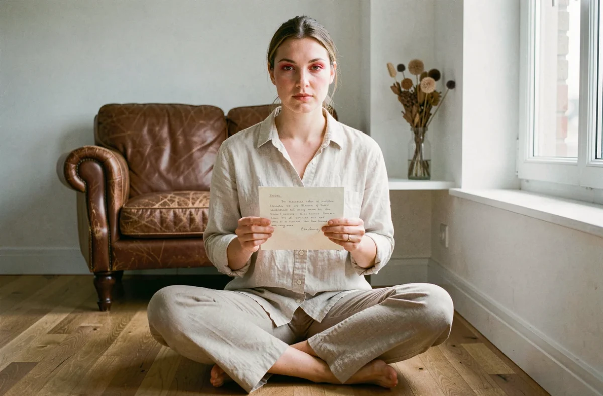 Femme tenant une lettre manuscrite dans un appartement minimaliste, symbole du deuil amoureux et de l'acceptation d'un amour impossible
