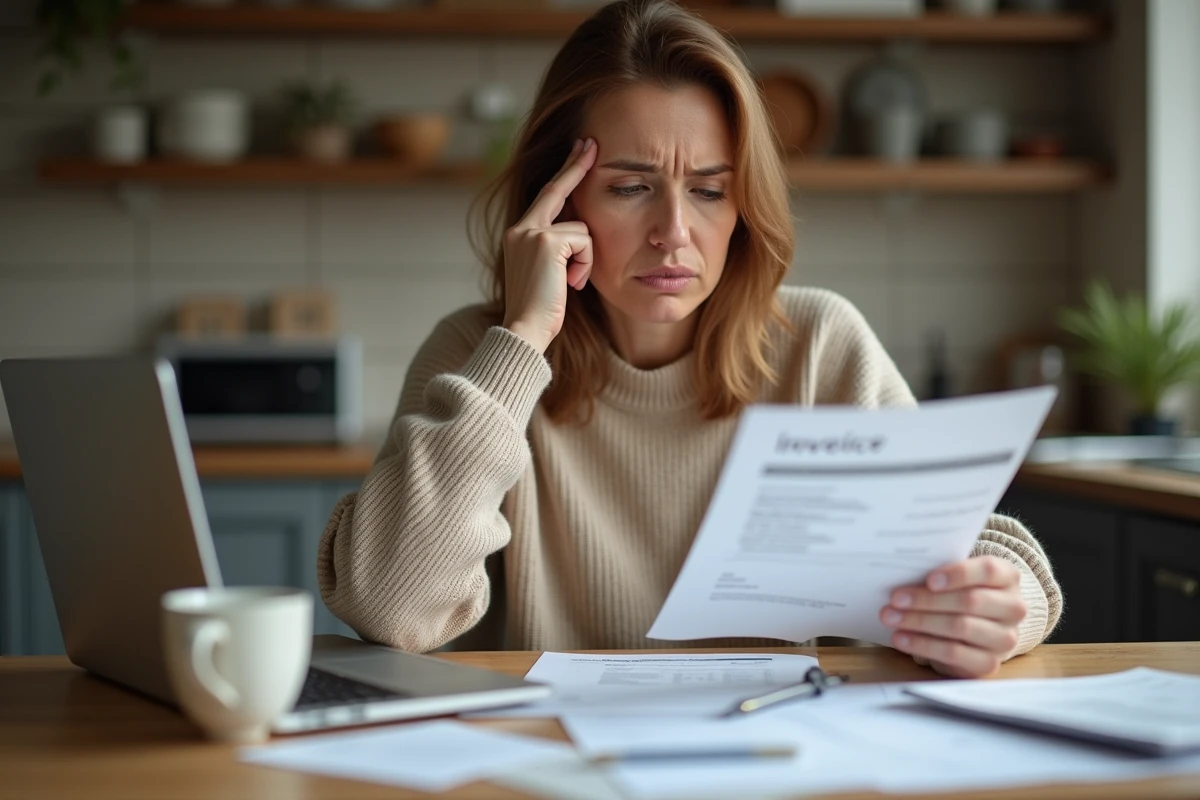 Femme consultant une facture Wifrad sur son ordinateur portable à la maison pour préparer une demande de remboursement