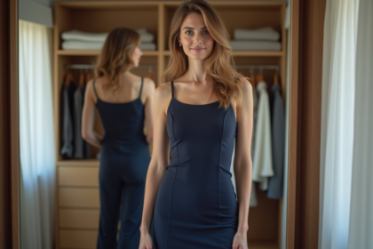 Femme élégante en robe navy dans une salle de dressing