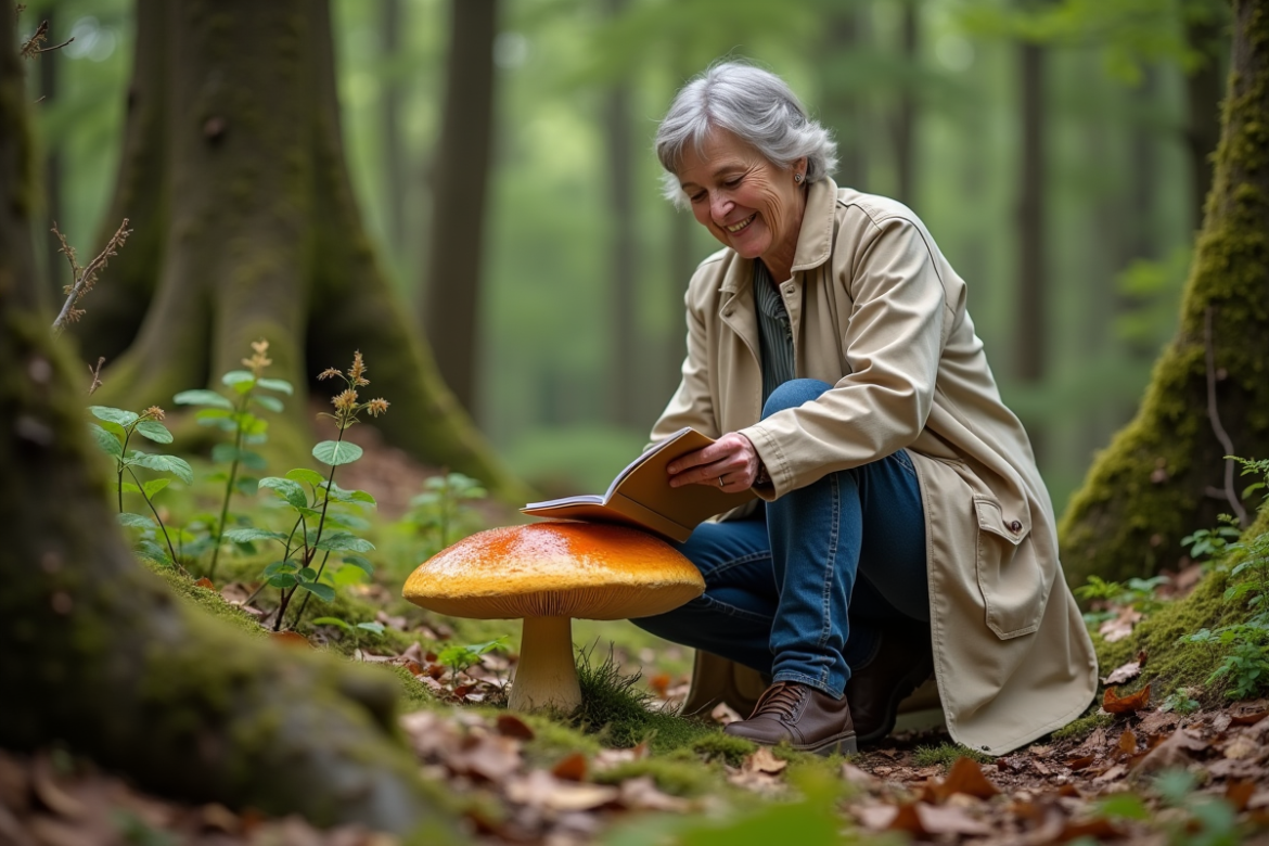 Femme examinant un champignon orange en forêt