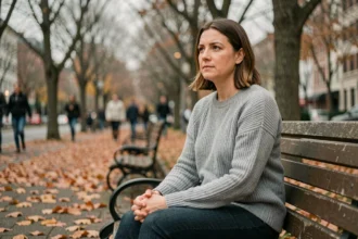 Femme pensive assise seule sur un banc dans un parc en automne, illustrant la douleur d'un amour impossible et le lâcher prise sentimental