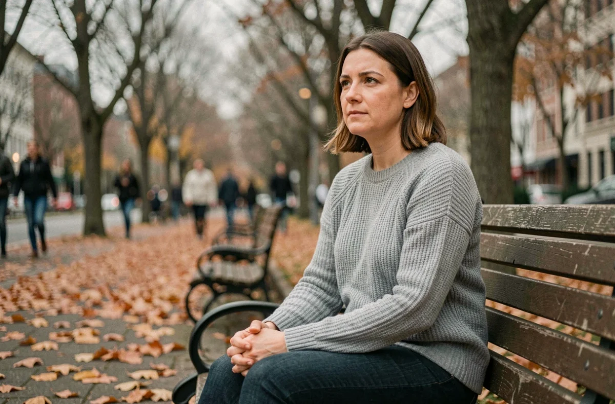 Femme pensive assise seule sur un banc dans un parc en automne, illustrant la douleur d'un amour impossible et le lâcher prise sentimental