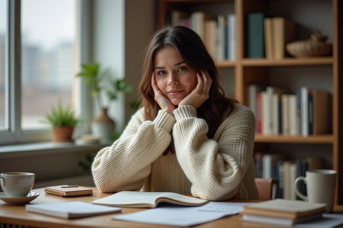 Femme pensive assise à son bureau en bois, entourée de carnets de notes, illustrant les doutes et blocages intérieurs avant un changement de cap personnel
