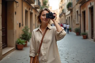 Femme photographe tenant un appareil photo mirrorless dans une vieille ville européenne aux pavés anciens