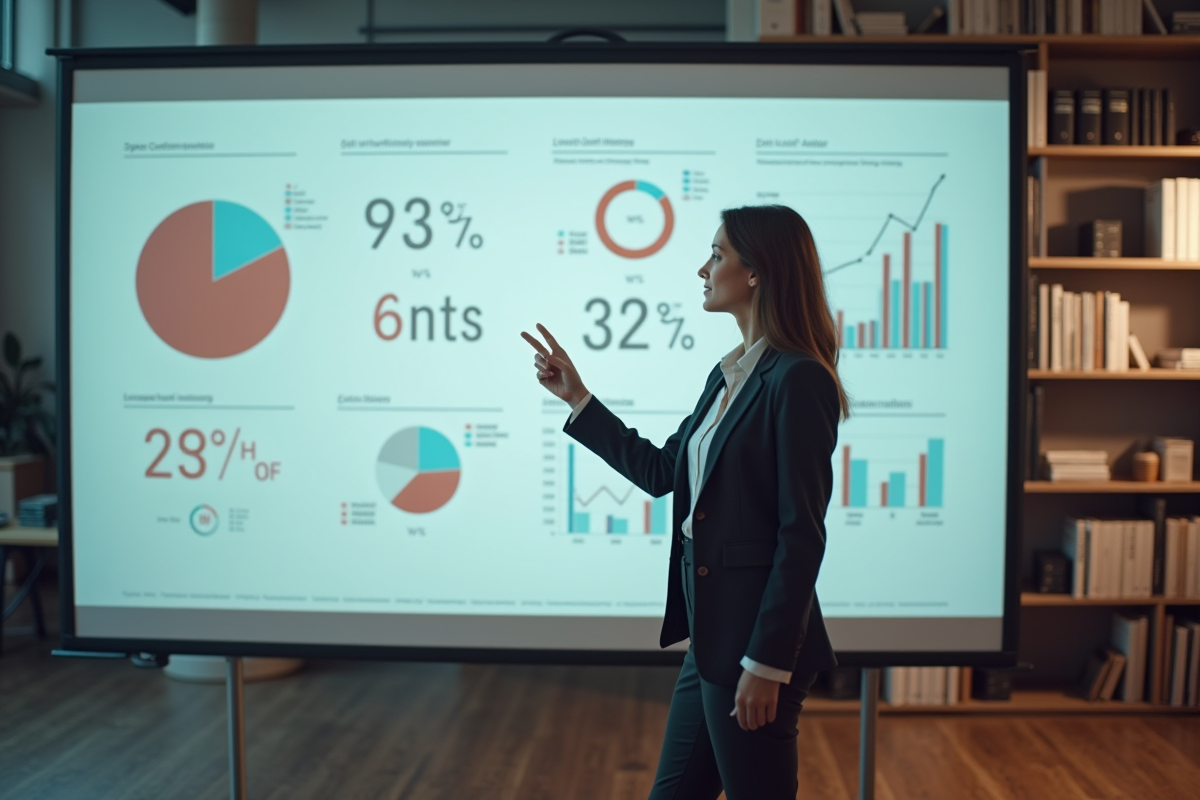 Jeune femme en entreprise explique des graphiques d