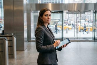 Femme d affaires confiante dans une banque moderne