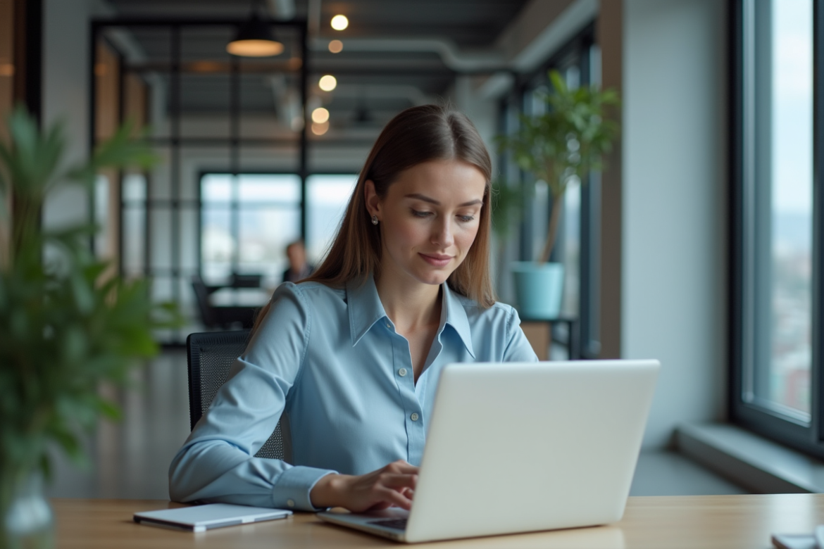 Femme professionnelle utilisant un CRM sur son ordinateur au bureau