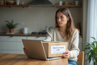 Femme assise à la cuisine regardant un colis de retour Clevya