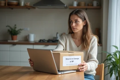 Femme assise à la cuisine regardant un colis de retour Clevya