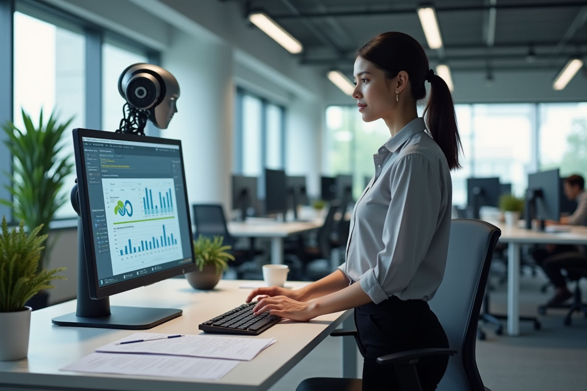 Jeune femme avec robot dans un bureau open space