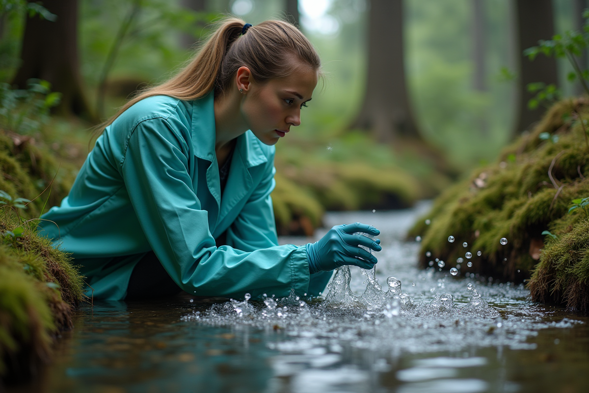 Jeune femme scientifique observant un gaz naturel dans la forêt