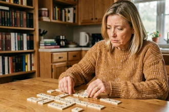 Femme concentrée examinant des lettres de Scrabble sur une table en bois avec des dictionnaires en arrière-plan