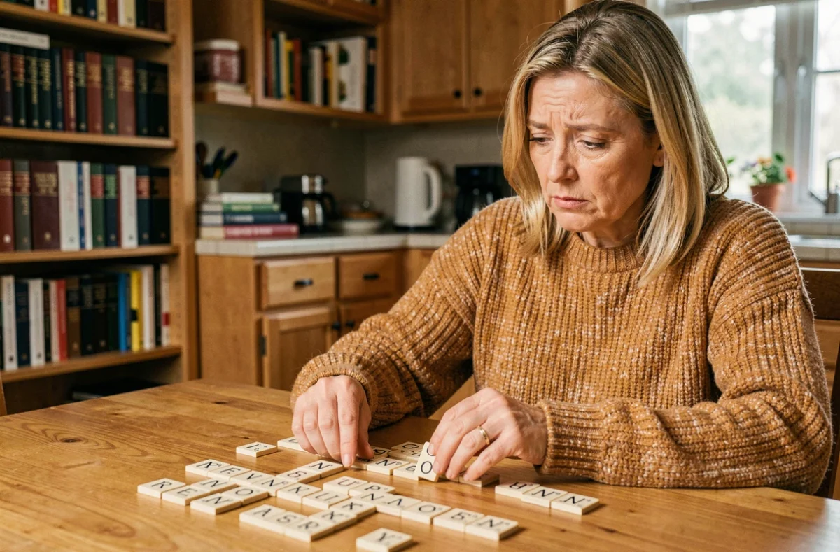 Femme concentrée examinant des lettres de Scrabble sur une table en bois avec des dictionnaires en arrière-plan