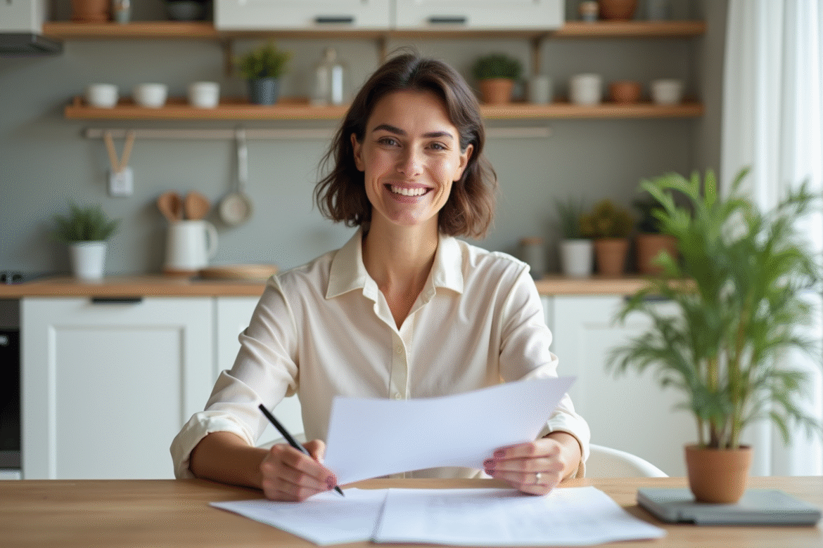 Femme souriante dans une cuisine moderne et lumineuse