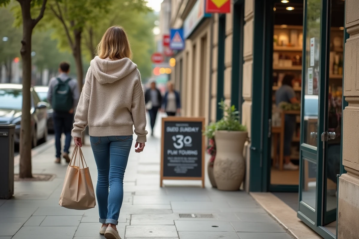 Femme en jeans et pull léger entrant dans un magasin à Montpellier
