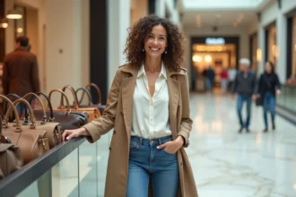 Femme souriante dans un centre commercial parisien