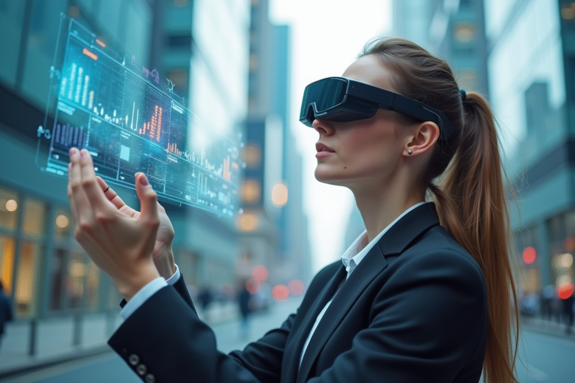 Jeune femme avec lunettes connectees dans une ville futuriste