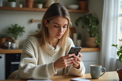 Femme dans la cuisine examine son smartphone