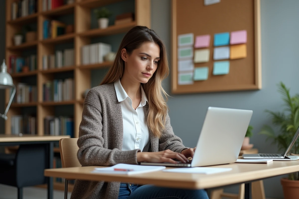Femme concentrée travaillant sur son ordinateur dans un bureau cosy