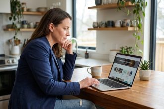Femme en blazer et jeans travaillant à la maison