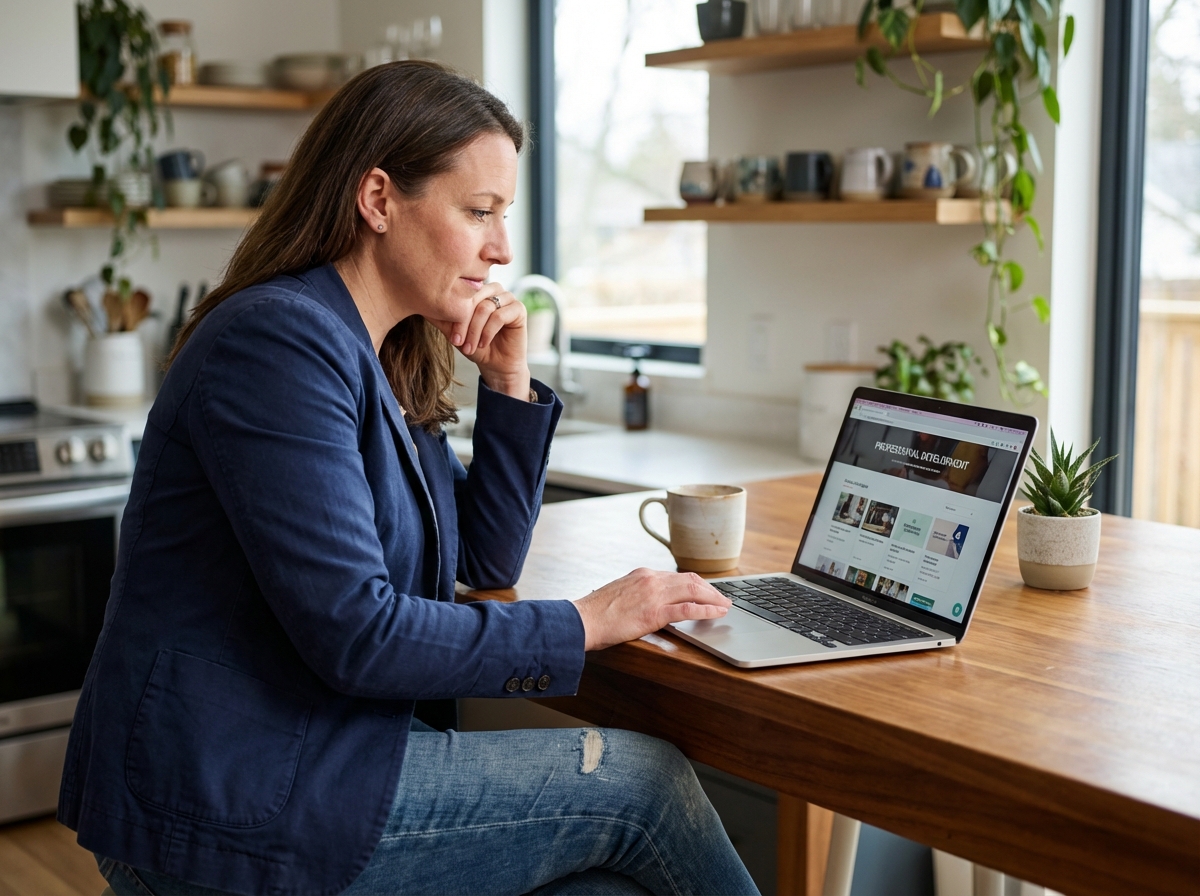 Femme en blazer et jeans travaillant à la maison