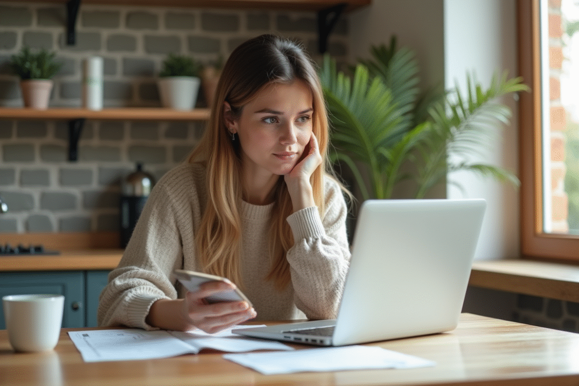 Femme à la maison utilisant son ordinateur pour Vinted