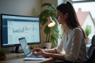 Femme en télétravail concentrée sur son ordinateur à la maison