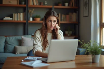 Jeune femme frustrée face à son ordinateur portable à la maison