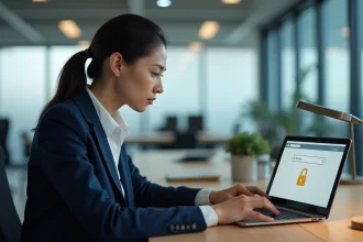 Femme professionnelle vérifiant un lien sécurisé sur un ordinateur portable dans un bureau moderne