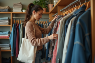Femme stylée inspectant une veste vintage dans une friperie chaleureuse